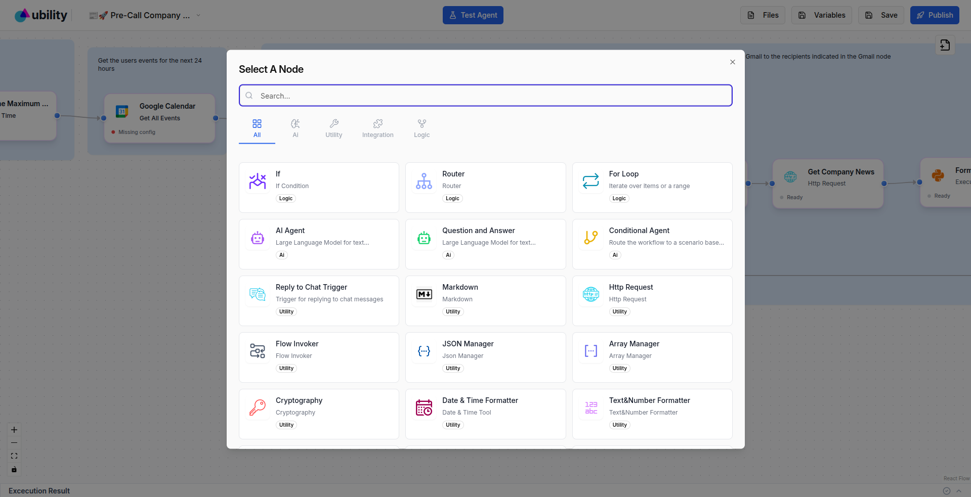 Ubility visual workflow builder with the node palette open, showing AI, logic and integration nodes