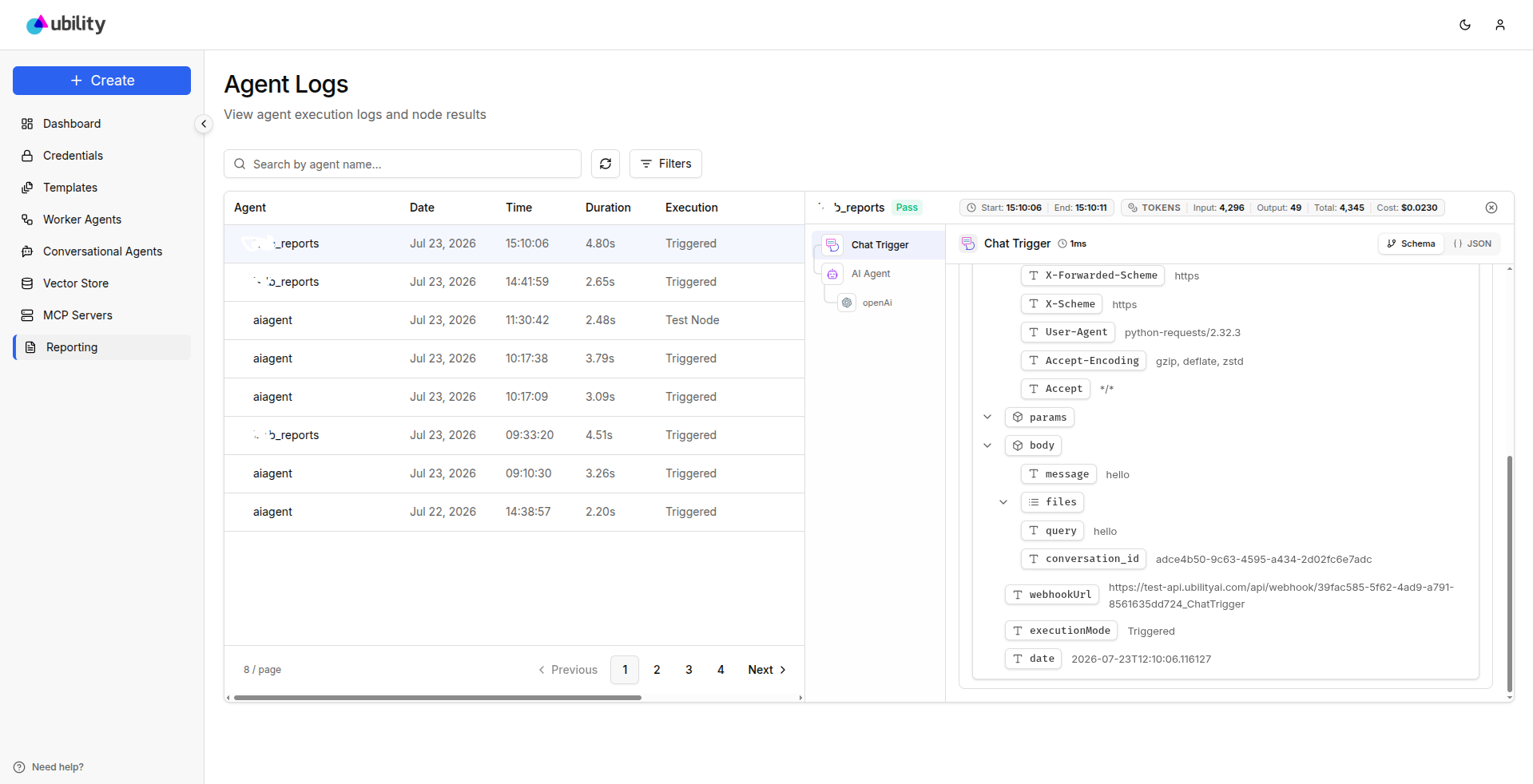 Ubility agent execution logs with per-node tokens, cost and duration